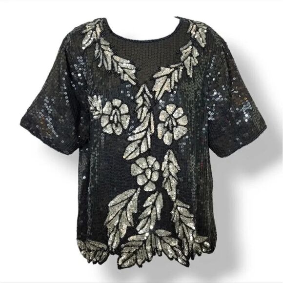 Vintage 80s Jewel Queen 100% Silk Beaded and Sequin Cut Out Hem Evening Top Sz S - Picture 1 of 9